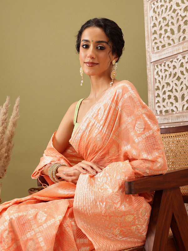 Peach Linen Woven Thread Geomatric Saree with Unstitched Blouse - Hiral Fashion - Distacart
