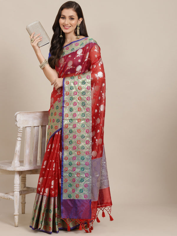 Red Art Silk Woven Zari Design Floral Saree with Unstitched Blouse - Hiral Fashion - Distacart