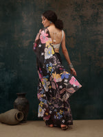 Thumbnail for Black Polyester Digital Print Floral Saree with Unstitched Blouse - Hiral Fashion - Distacart
