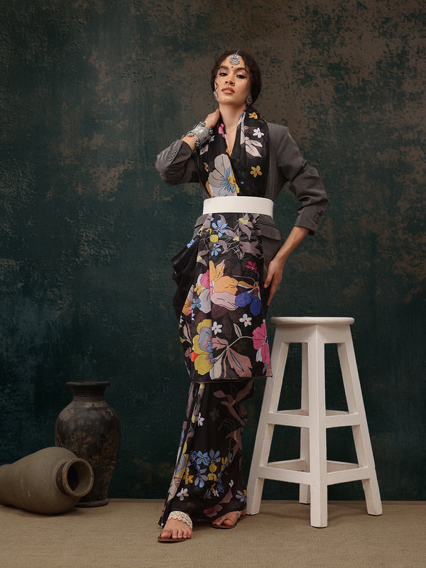 Black Polyester Digital Print Floral Saree with Unstitched Blouse - Hiral Fashion - Distacart