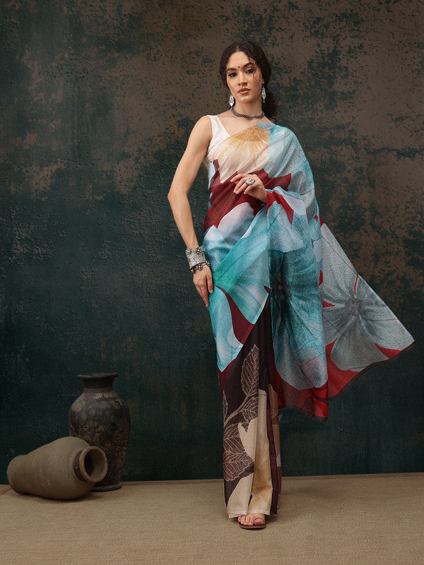 Brown Polyester Digital Print Floral Saree with Unstitched Blouse - Hiral Fashion - Distacart