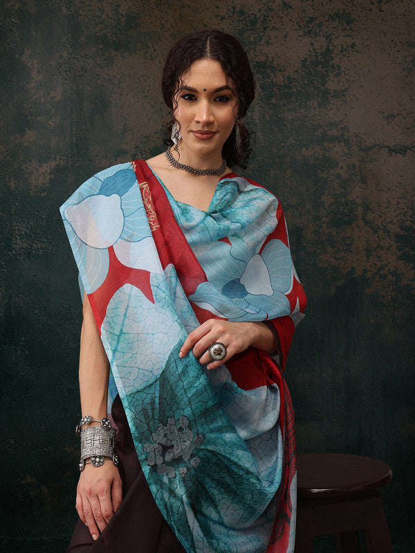 Brown Polyester Digital Print Floral Saree with Unstitched Blouse - Hiral Fashion - Distacart