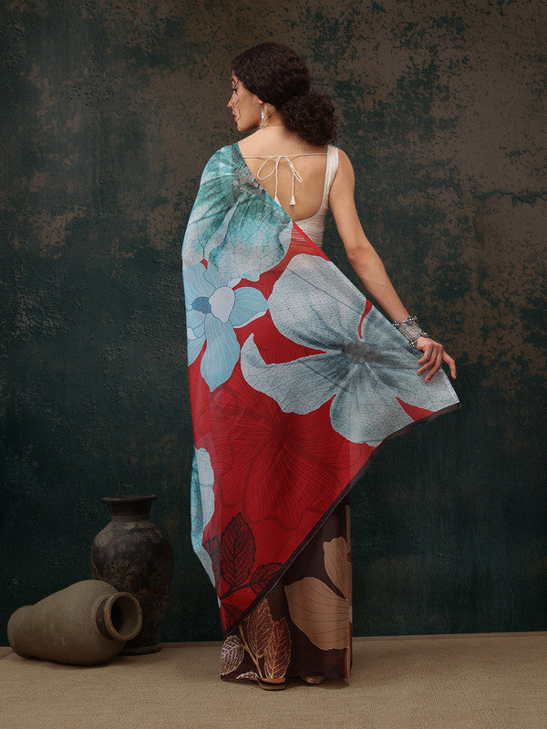 Brown Polyester Digital Print Floral Saree with Unstitched Blouse - Hiral Fashion - Distacart
