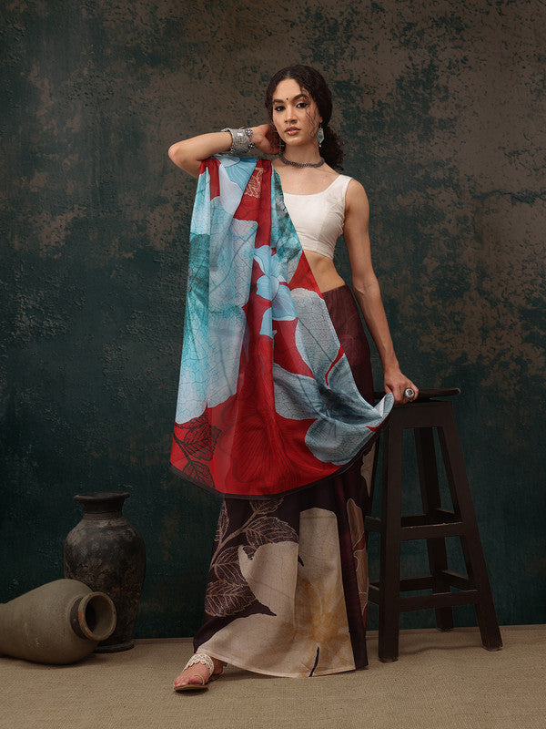 Brown Polyester Digital Print Floral Saree with Unstitched Blouse - Hiral Fashion - Distacart