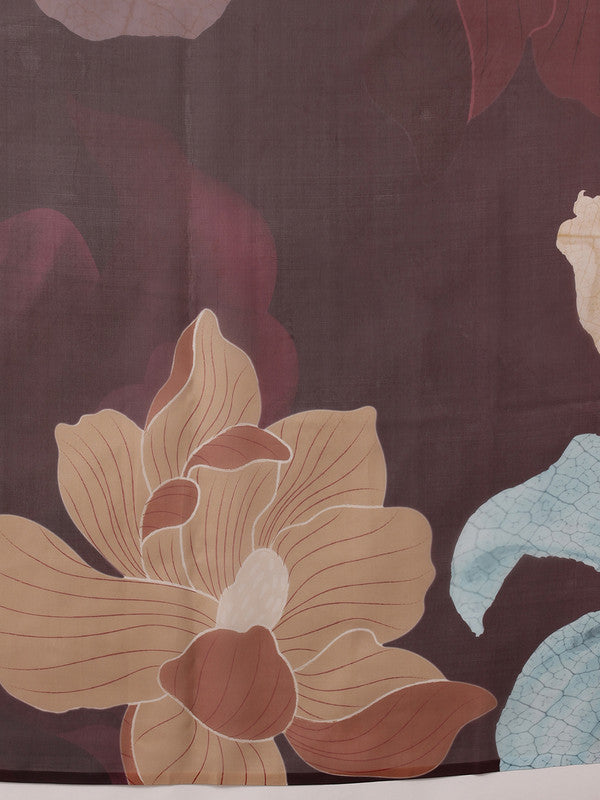 Brown Polyester Digital Print Floral Saree with Unstitched Blouse - Hiral Fashion - Distacart