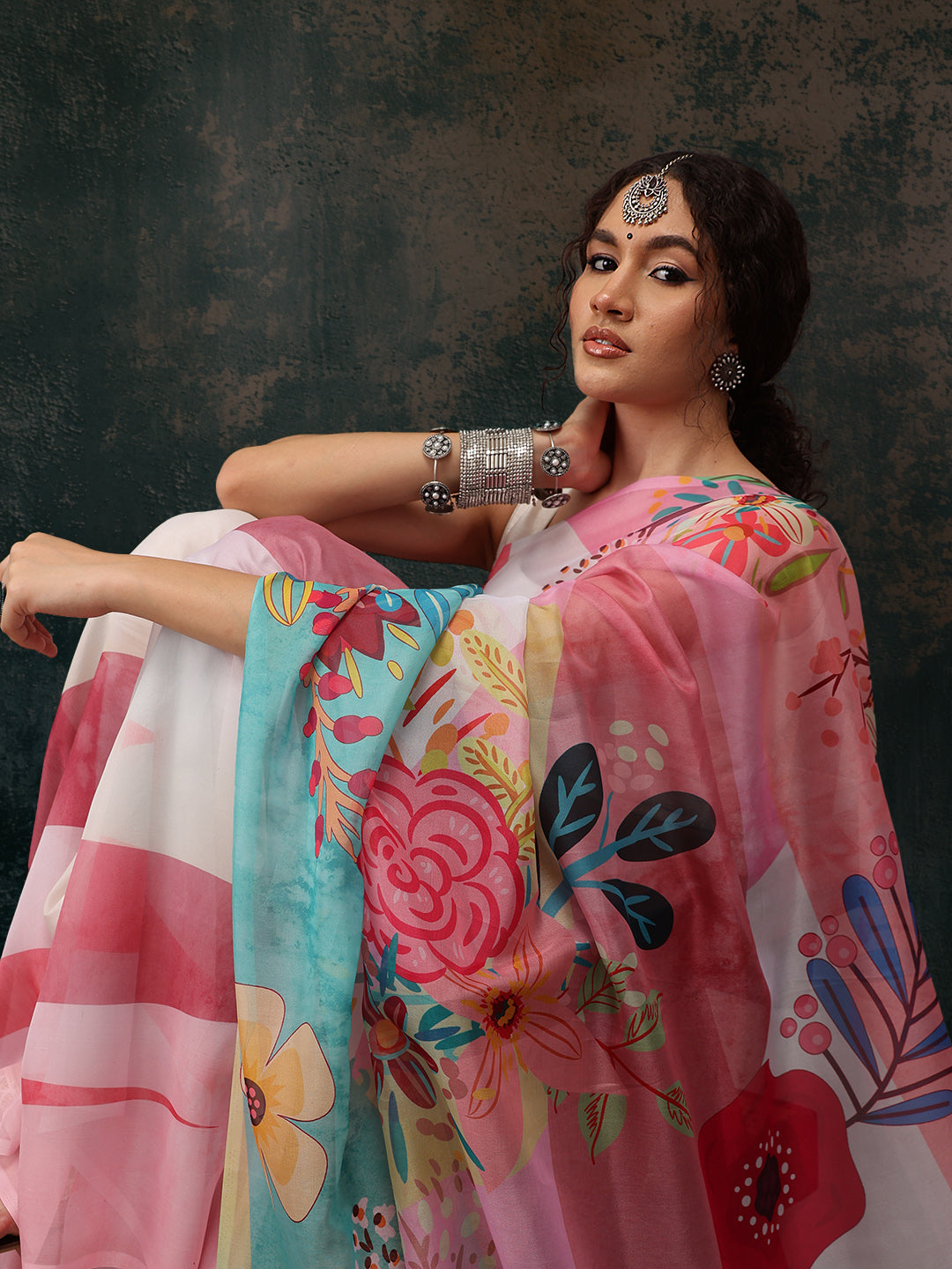 Multicolor Polyester Digital Print Floral Saree with Unstitched Blouse - Hiral Fashion - Distacart