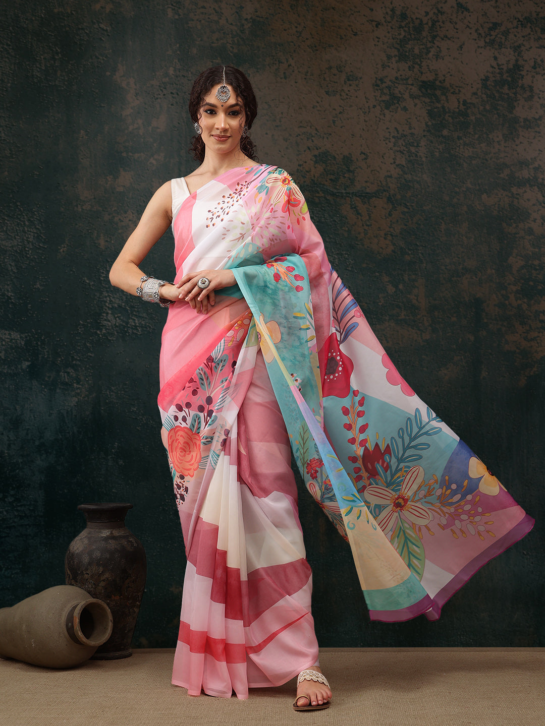 Multicolor Polyester Digital Print Floral Saree with Unstitched Blouse - Hiral Fashion - Distacart