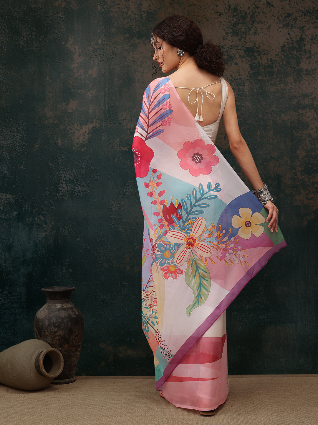 Multicolor Polyester Digital Print Floral Saree with Unstitched Blouse - Hiral Fashion - Distacart