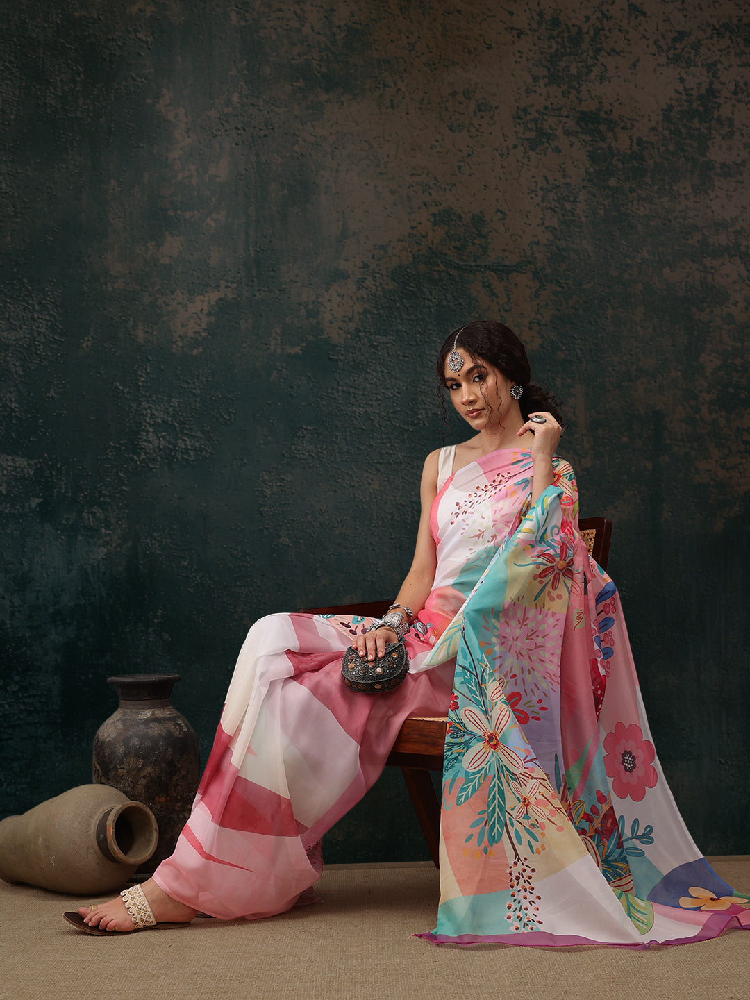 Multicolor Polyester Digital Print Floral Saree with Unstitched Blouse - Hiral Fashion - Distacart