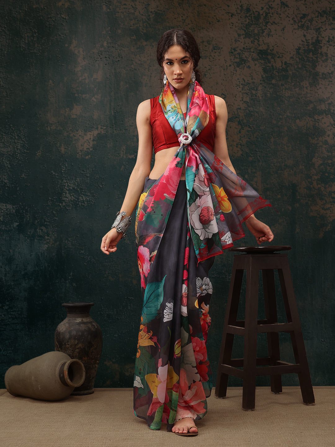 Gray Polyester Digital Print Floral Saree with Unstitched Blouse - Hiral Fashion - Distacart