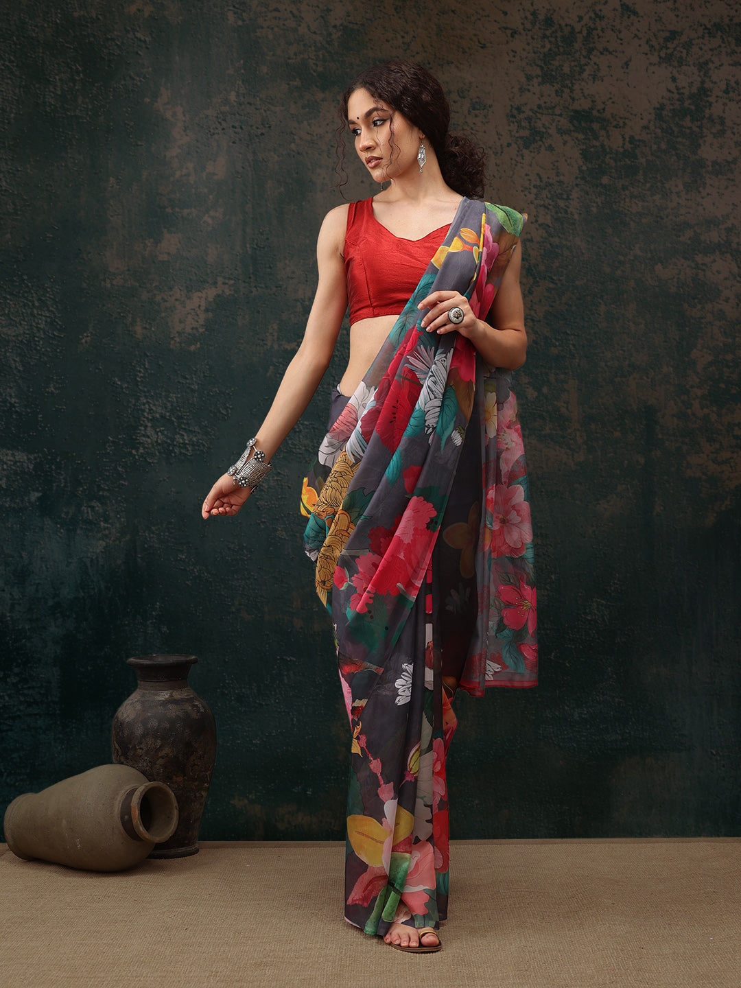 Gray Polyester Digital Print Floral Saree with Unstitched Blouse - Hiral Fashion - Distacart
