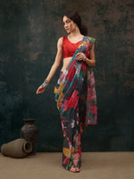 Thumbnail for Gray Polyester Digital Print Floral Saree with Unstitched Blouse - Hiral Fashion - Distacart