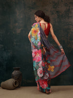 Thumbnail for Gray Polyester Digital Print Floral Saree with Unstitched Blouse - Hiral Fashion - Distacart