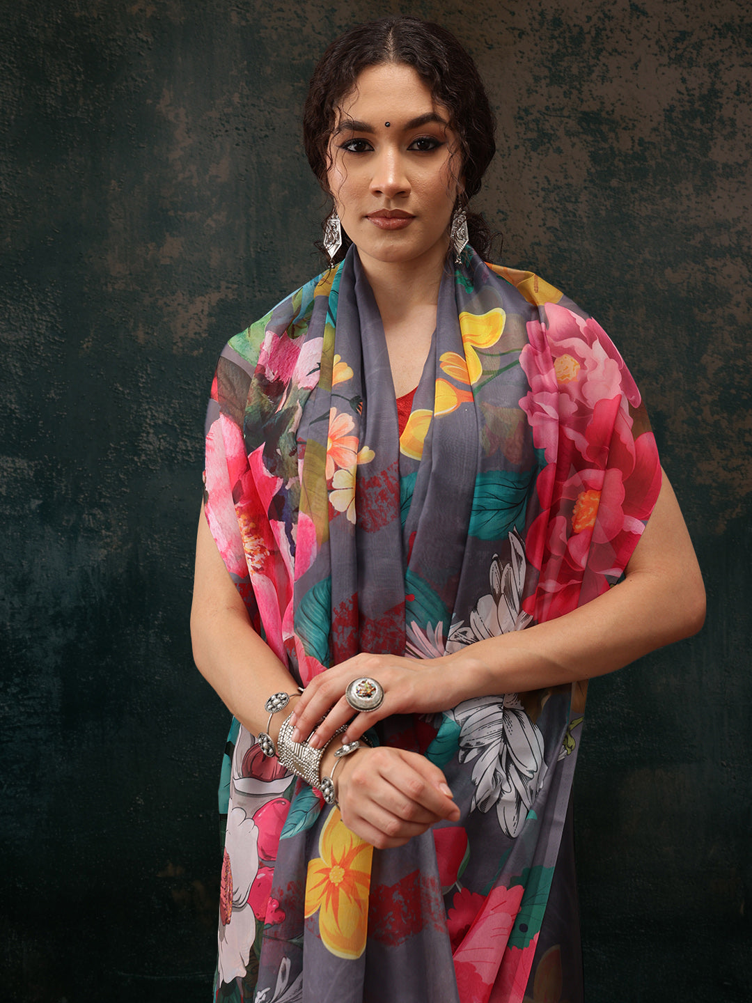 Gray Polyester Digital Print Floral Saree with Unstitched Blouse - Hiral Fashion - Distacart