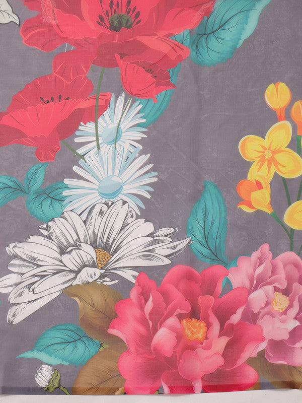 Gray Polyester Digital Print Floral Saree with Unstitched Blouse - Hiral Fashion - Distacart