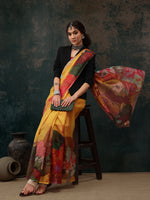 Thumbnail for Mustard Polyester Digital Print Floral Saree with Unstitched Blouse - Hiral Fashion - Distacart