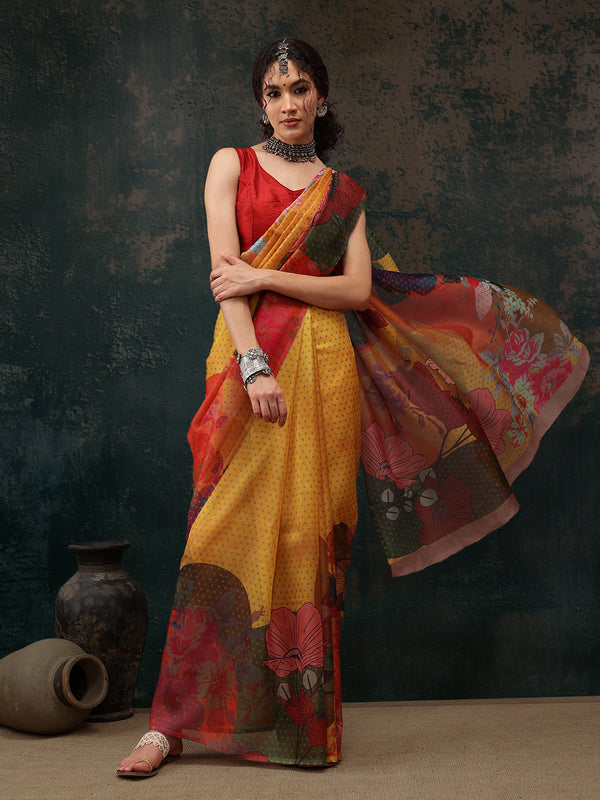 Mustard Polyester Digital Print Floral Saree with Unstitched Blouse - Hiral Fashion - Distacart