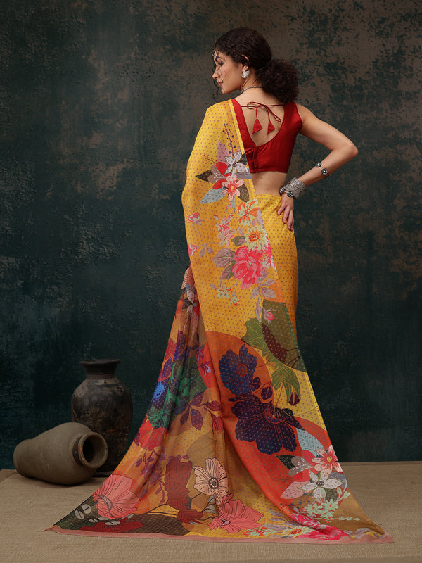 Mustard Polyester Digital Print Floral Saree with Unstitched Blouse - Hiral Fashion - Distacart