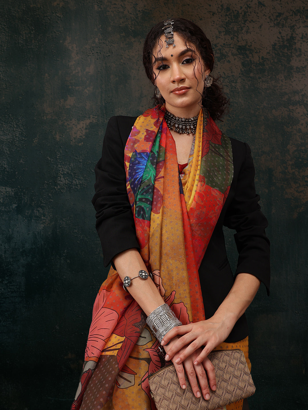 Mustard Polyester Digital Print Floral Saree with Unstitched Blouse - Hiral Fashion - Distacart