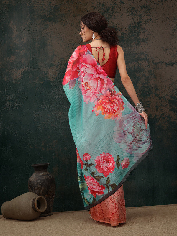 Multicolor Polyester Digital Print Floral Saree with Unstitched Blouse - Hiral Fashion - Distacart