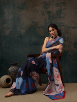 Thumbnail for Navy Blue Polyester Digital Print Floral Saree with Unstitched Blouse - Hiral Fashion - Distacart