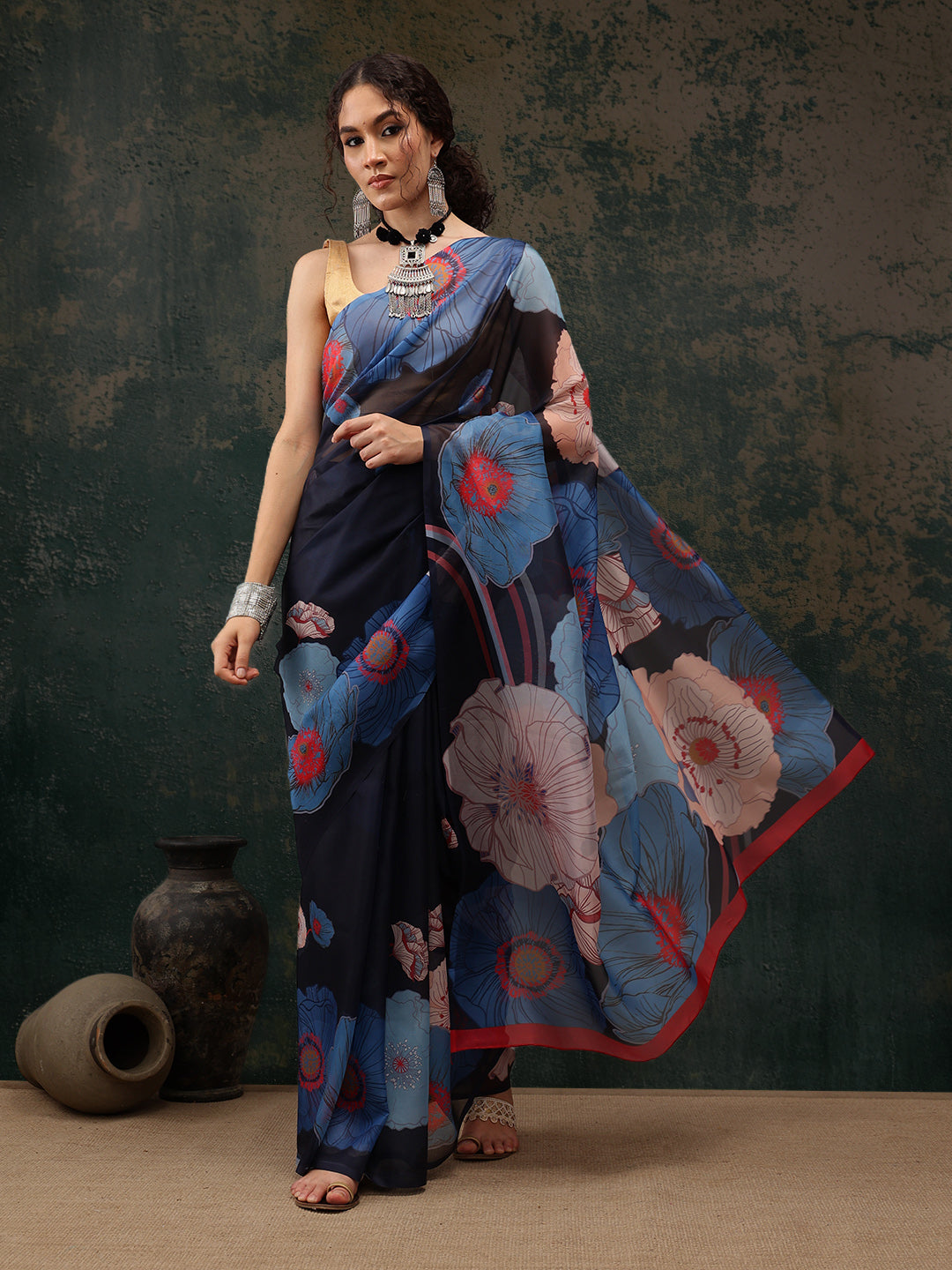 Navy Blue Polyester Digital Print Floral Saree with Unstitched Blouse - Hiral Fashion - Distacart