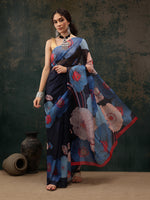 Thumbnail for Navy Blue Polyester Digital Print Floral Saree with Unstitched Blouse - Hiral Fashion - Distacart