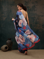 Thumbnail for Navy Blue Polyester Digital Print Floral Saree with Unstitched Blouse - Hiral Fashion - Distacart