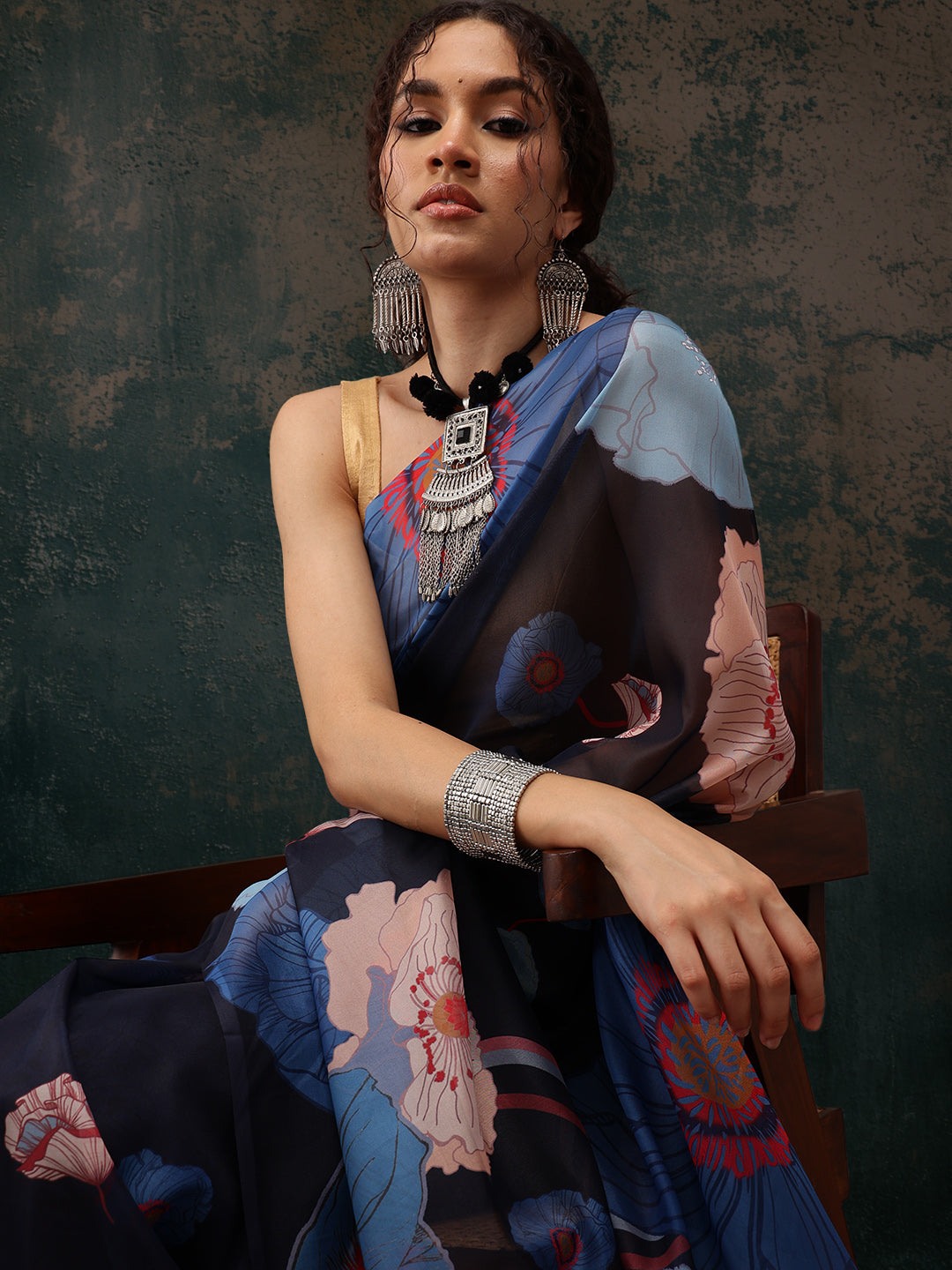 Navy Blue Polyester Digital Print Floral Saree with Unstitched Blouse - Hiral Fashion - Distacart