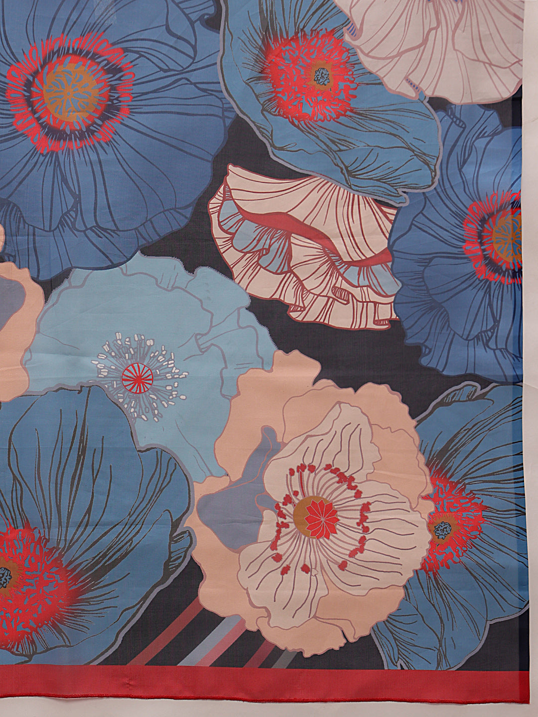 Navy Blue Polyester Digital Print Floral Saree with Unstitched Blouse - Hiral Fashion - Distacart