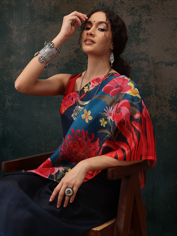Royal Blue Polyester Digital Print Floral Saree with Unstitched Blouse - Hiral Fashion - Distacart