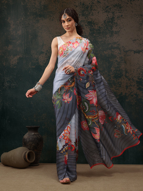 Sky Blue Polyester Digital Print Floral Saree with Unstitched Blouse - Hiral Fashion - Distacart