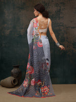 Thumbnail for Sky Blue Polyester Digital Print Floral Saree with Unstitched Blouse - Hiral Fashion - Distacart