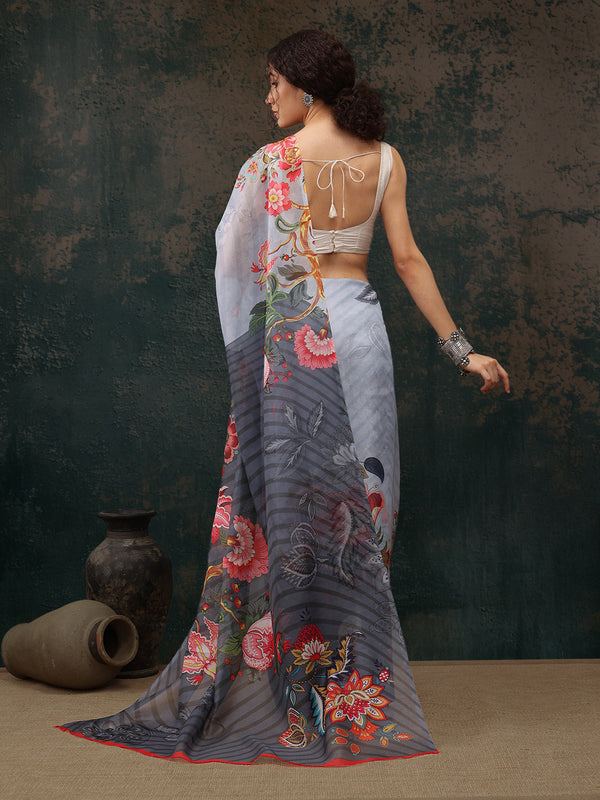 Sky Blue Polyester Digital Print Floral Saree with Unstitched Blouse - Hiral Fashion - Distacart