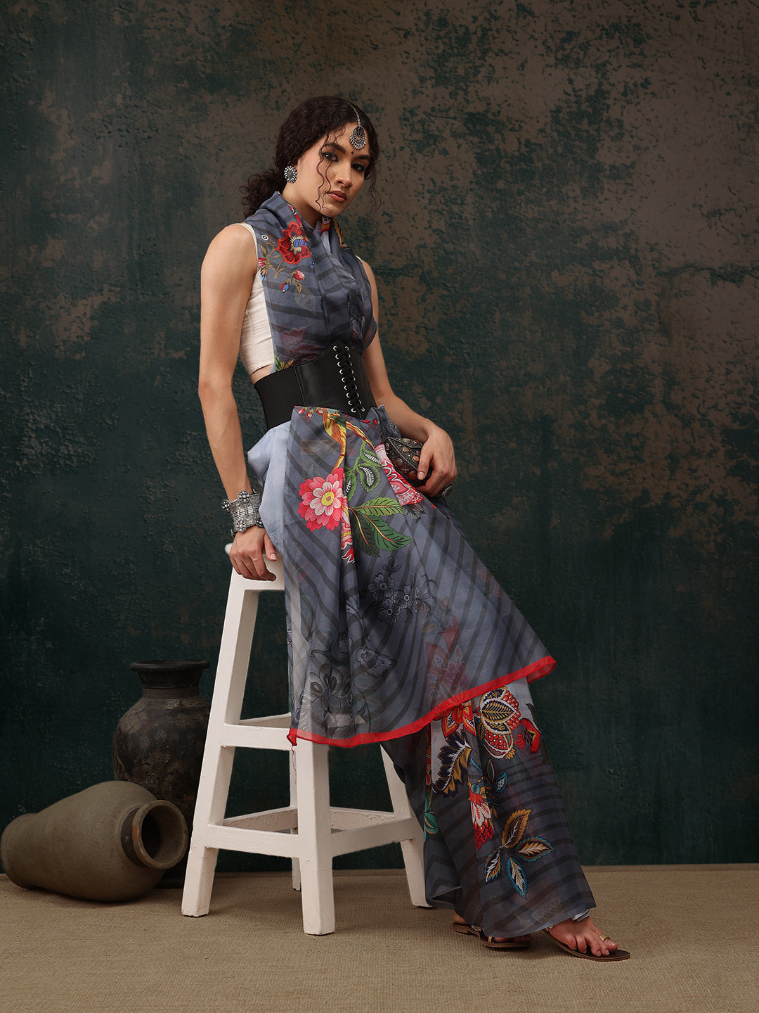 Sky Blue Polyester Digital Print Floral Saree with Unstitched Blouse - Hiral Fashion - Distacart