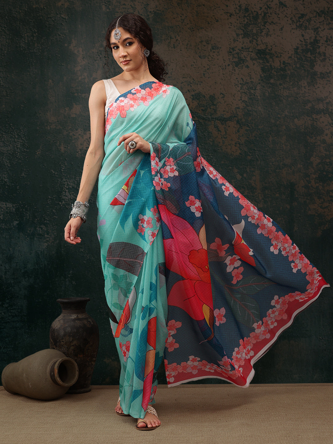 Turquoise Polyester Digital Print Floral Saree with Unstitched Blouse - Hiral Fashion - Distacart