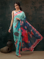 Thumbnail for Turquoise Polyester Digital Print Floral Saree with Unstitched Blouse - Hiral Fashion - Distacart