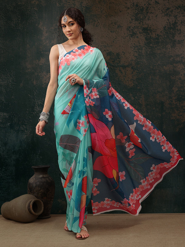 Turquoise Polyester Digital Print Floral Saree with Unstitched Blouse - Hiral Fashion - Distacart