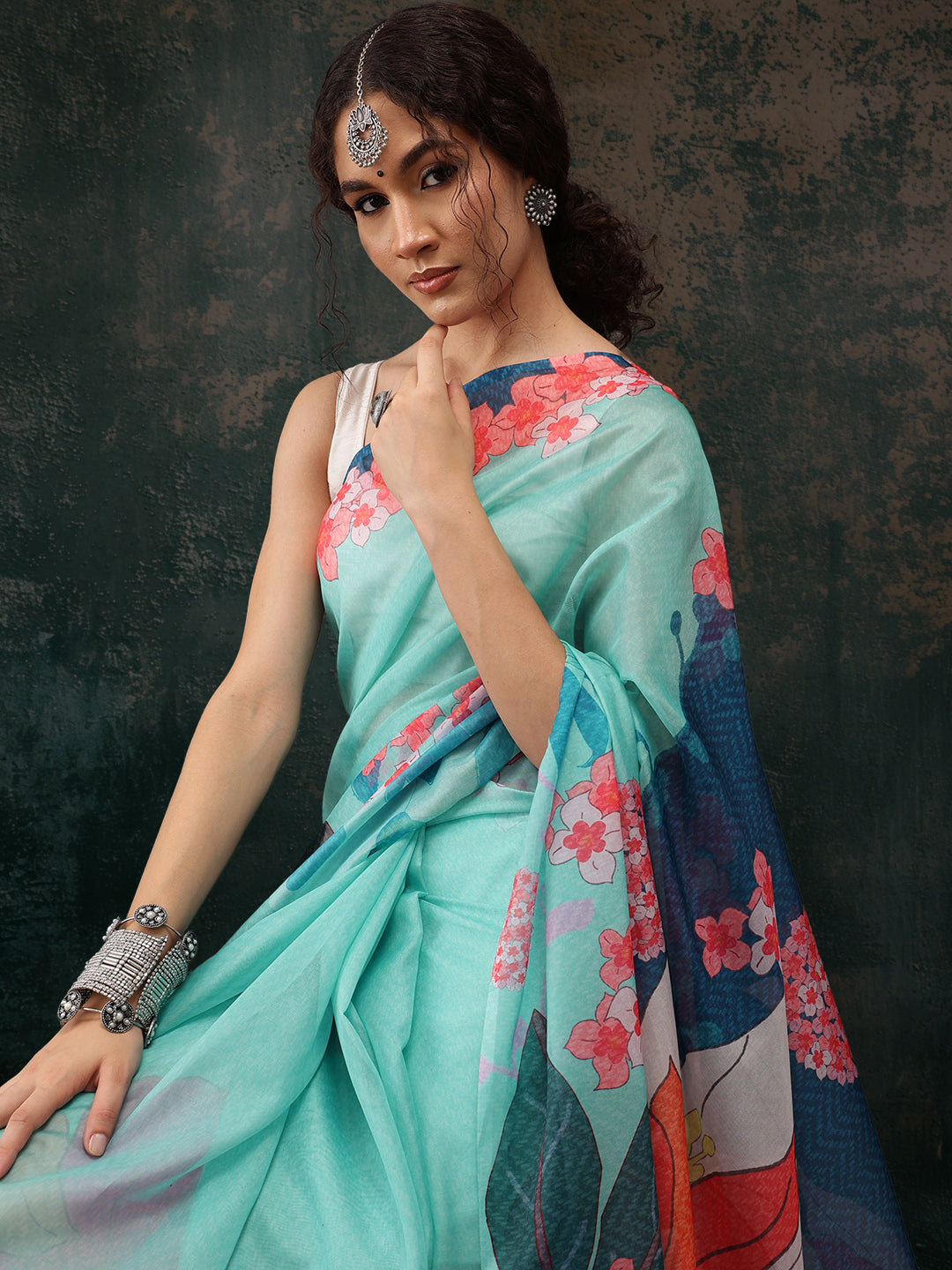 Turquoise Polyester Digital Print Floral Saree with Unstitched Blouse - Hiral Fashion - Distacart