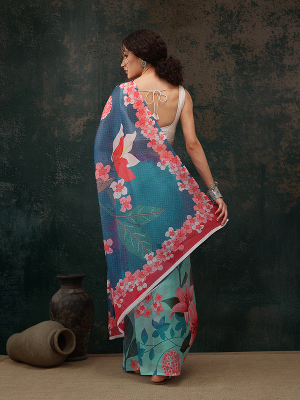Turquoise Polyester Digital Print Floral Saree with Unstitched Blouse - Hiral Fashion - Distacart
