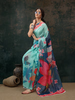 Thumbnail for Turquoise Polyester Digital Print Floral Saree with Unstitched Blouse - Hiral Fashion - Distacart