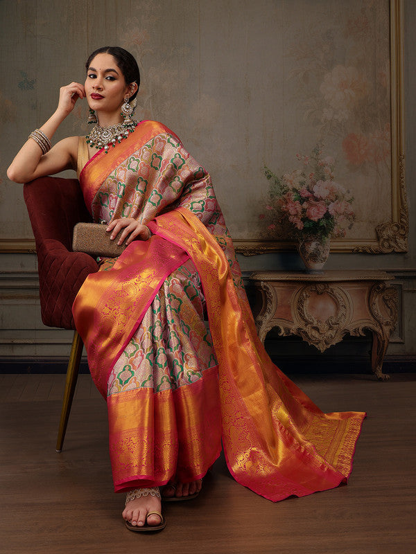 Multicolor Pure Silk Woven Zari Design Floral Saree with Unstitched Blouse - Hiral Fashion - Distacart