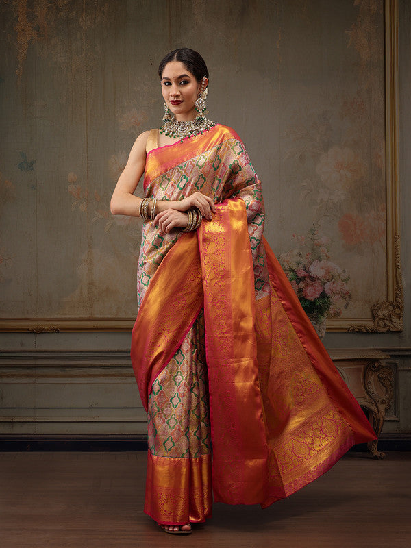 Multicolor Pure Silk Woven Zari Design Floral Saree with Unstitched Blouse - Hiral Fashion - Distacart