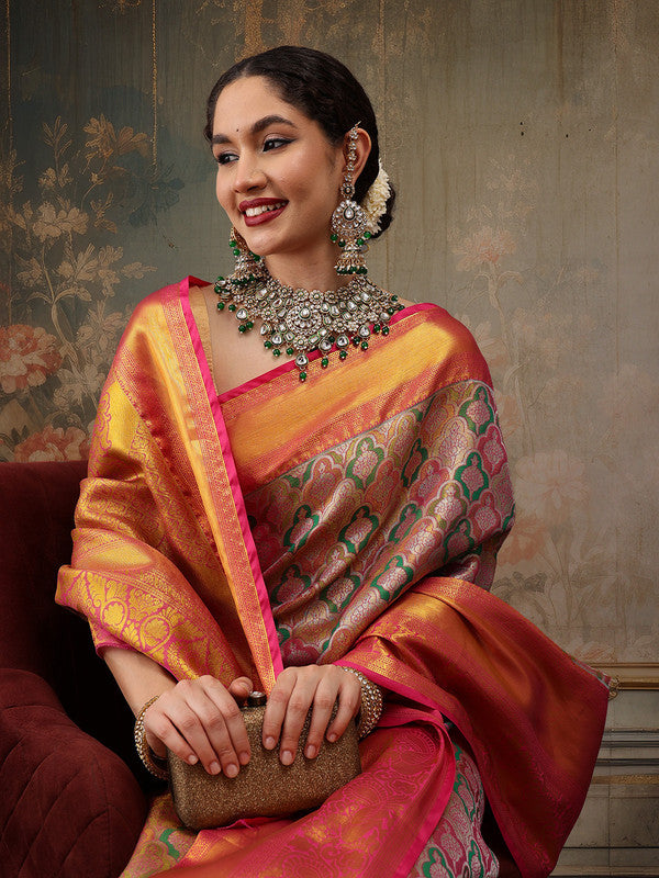 Multicolor Pure Silk Woven Zari Design Floral Saree with Unstitched Blouse - Hiral Fashion - Distacart
