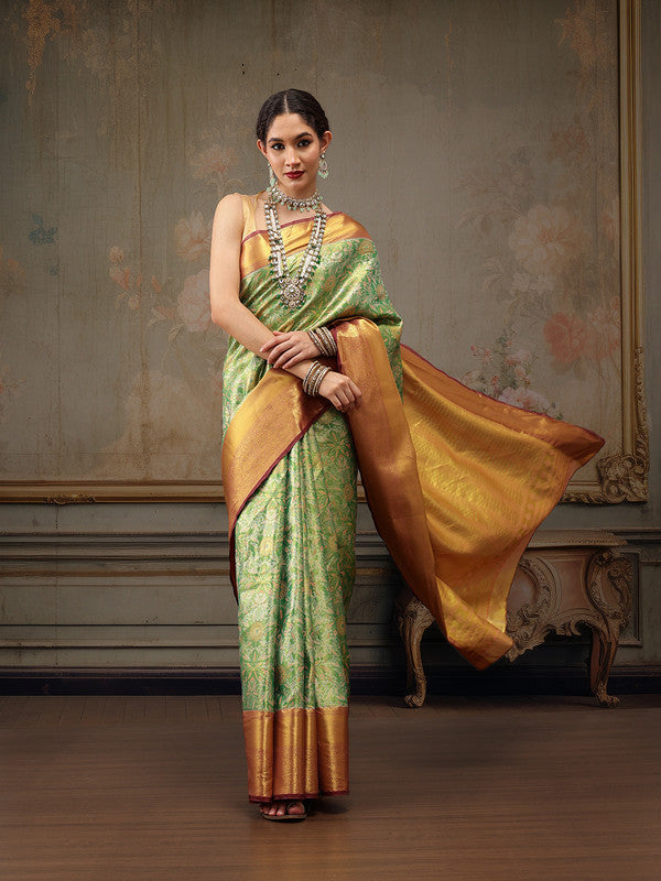 Green Pure Silk Woven Zari Design Floral Saree with Unstitched Blouse - Hiral Fashion - Distacart