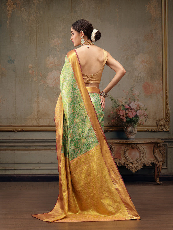 Green Pure Silk Woven Zari Design Floral Saree with Unstitched Blouse - Hiral Fashion - Distacart