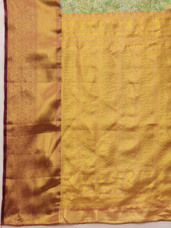 Green Pure Silk Woven Zari Design Floral Saree with Unstitched Blouse - Hiral Fashion - Distacart