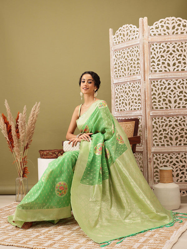 Green Cotton Woven Thread Floral Saree with Unstitched Blouse - Hiral Fashion - Distacart