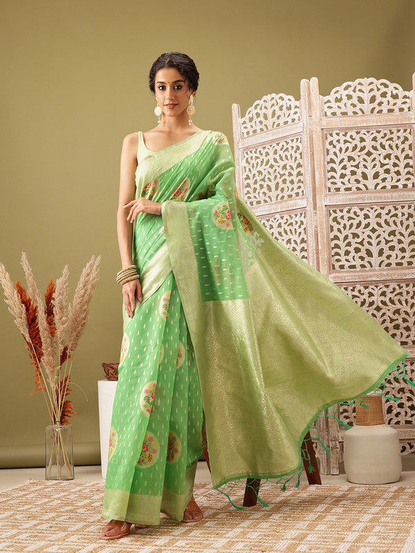 Green Cotton Woven Thread Floral Saree with Unstitched Blouse - Hiral Fashion - Distacart
