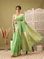 Thumbnail for Green Cotton Woven Thread Floral Saree with Unstitched Blouse - Hiral Fashion - Distacart